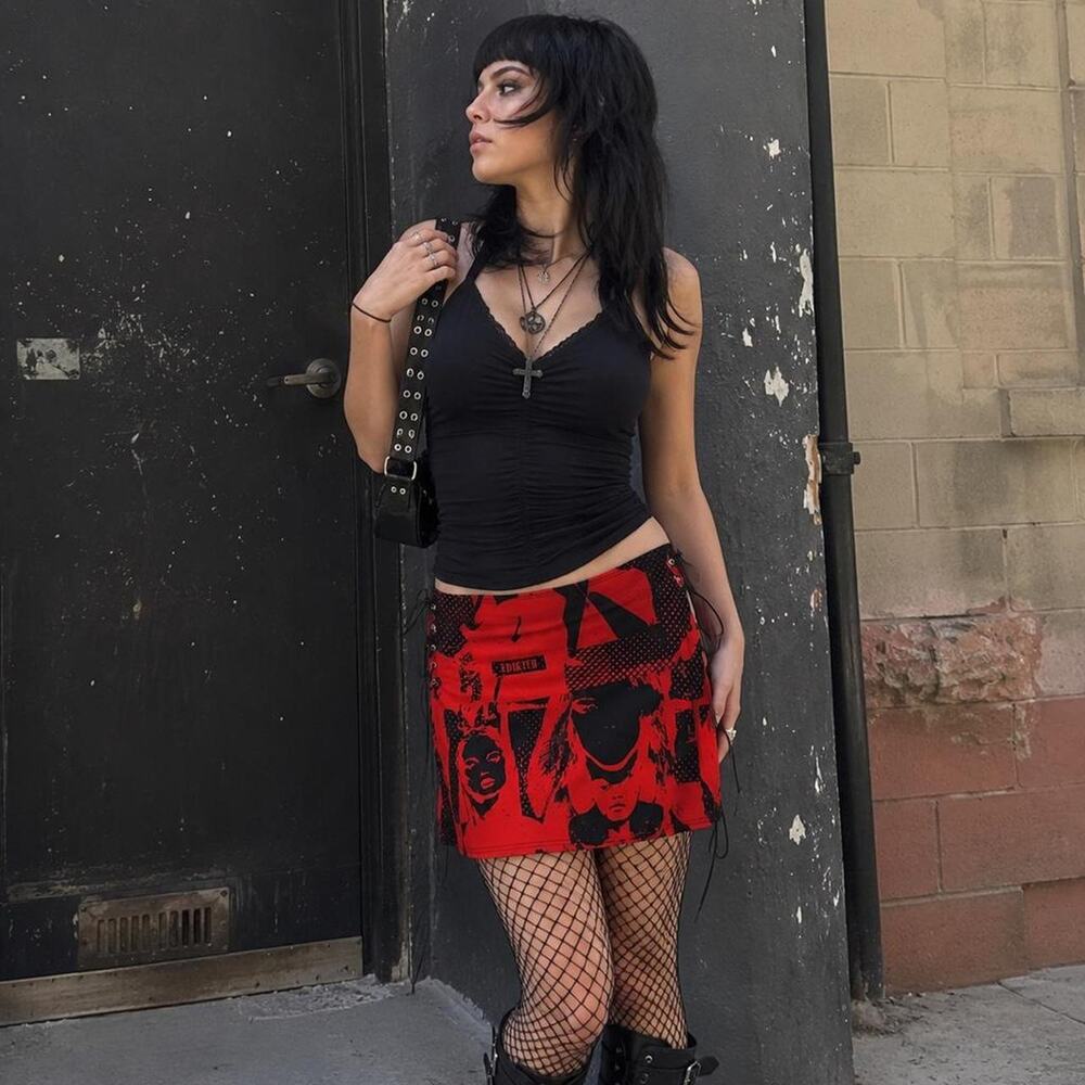 Edited Red Black Lace Up Mini Skirt Grunge Y2K Size S